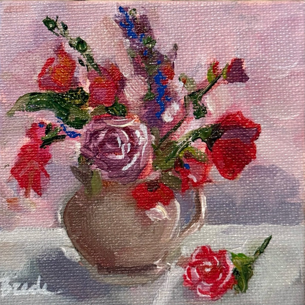 Original oil painting FLORAL à la Prima rose bouquet still life Valentine's pink